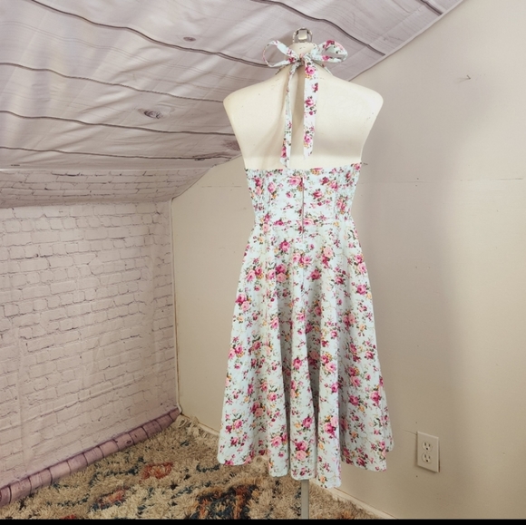 Queen of Holloway Dress Vintage Blue Floral 50s Rockabilly Pin Up Cottagecore - Picture 3 of 6